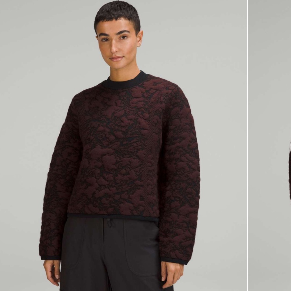 LULULEMON Women’s Jacquard Multi-Texture Crew Neck Sweater Red Merlot Black SZ 4